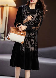 Elegant Black Embroidered Tulle Patchwork Silk Velour Long Dress Long Sleeve