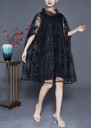 Elegant Black High Neck Embroideried Hollow Out Tulle Dress Cloak Sleeves