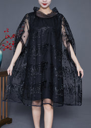 Elegant Black High Neck Embroideried Hollow Out Tulle Dress Cloak Sleeves