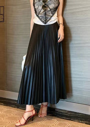 Elegant Black High Waist Faux Leather Pleated Skirts Spring