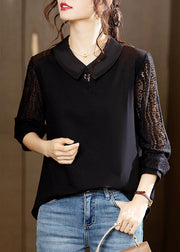 Elegant Black Hollow Out Lace Patchwork Tops Long Sleeve