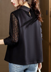 Elegant Black Hollow Out Lace Patchwork Tops Long Sleeve