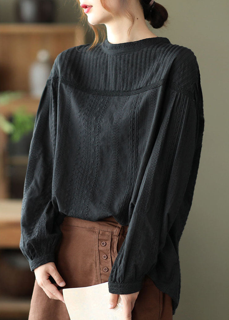 Elegant Black Hollow Out Wrinkled Cotton Shirt Top Spring