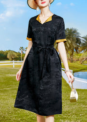 Elegant Black Jacquard Tie Waist Silk Oriental Dresses Short Sleeve