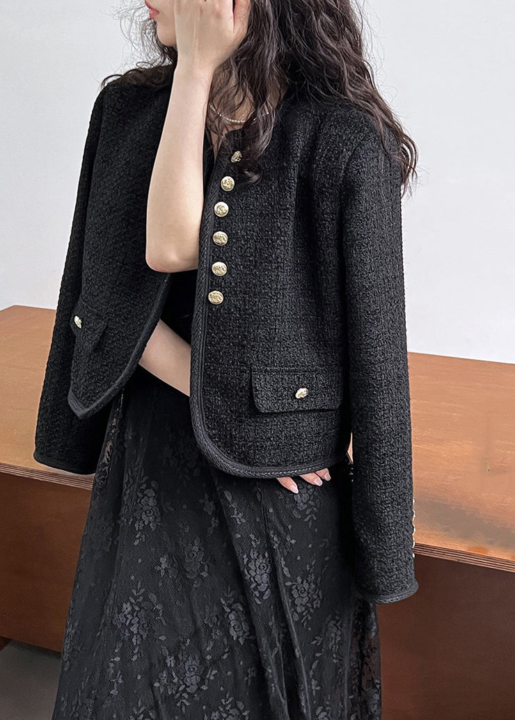 Elegant Black O-Neck Button Woolen Coat Long Sleeve