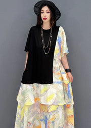 Elegant Black O-Neck Drawstring Patchwork Print Cotton Holiday Dress Short Sleeve