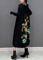 Elegant Black O-Neck Embroideried Knit Maxi Dress Fall