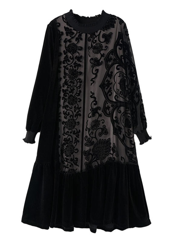 Elegant Black O-Neck Embroidered Patchwork Silk Velour Maxi Dress Long Sleeve