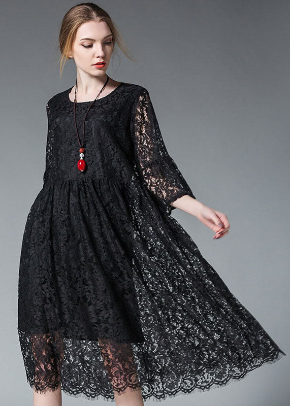 Elegant Black O-Neck Hollow Out Lace Party Dress Flare Sleeve