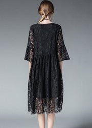 Elegant Black O-Neck Hollow Out Lace Party Dress Flare Sleeve