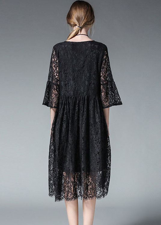 Elegant Black O-Neck Hollow Out Lace Party Dress Flare Sleeve