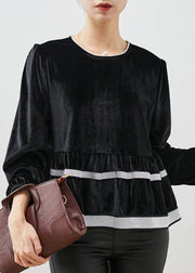 Elegant Black O-Neck Patchwork Silk Velvet Sweatshirt Top Spring