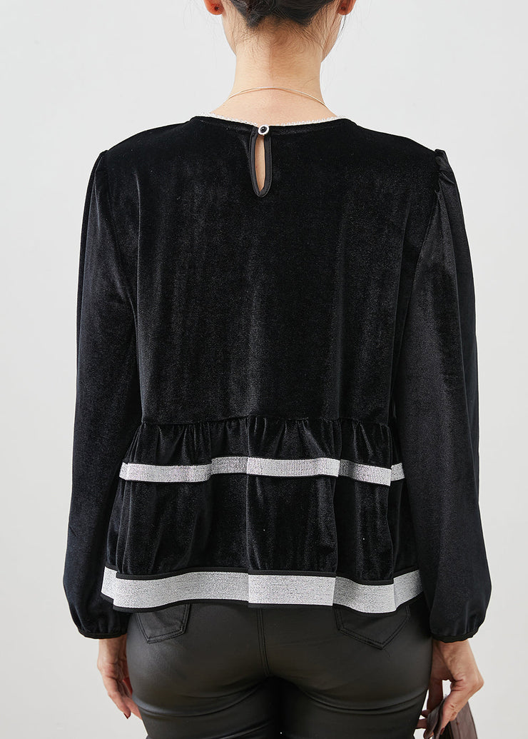 Elegant Black O-Neck Patchwork Silk Velvet Sweatshirt Top Spring