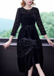 Elegant Black O-Neck Patchwork Tie Waist Silk Velour Dress Bracelet Sleeve