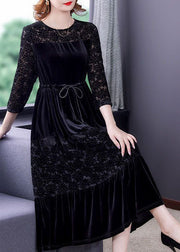 Elegant Black O-Neck Patchwork Tie Waist Silk Velour Dress Bracelet Sleeve