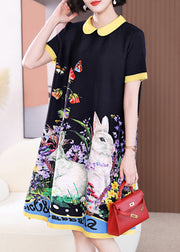 Elegant Black O-Neck Print Long a Line Dress Short Sleeve