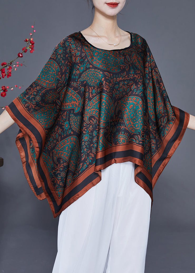 Elegant Black O-Neck Print Silk Shawl