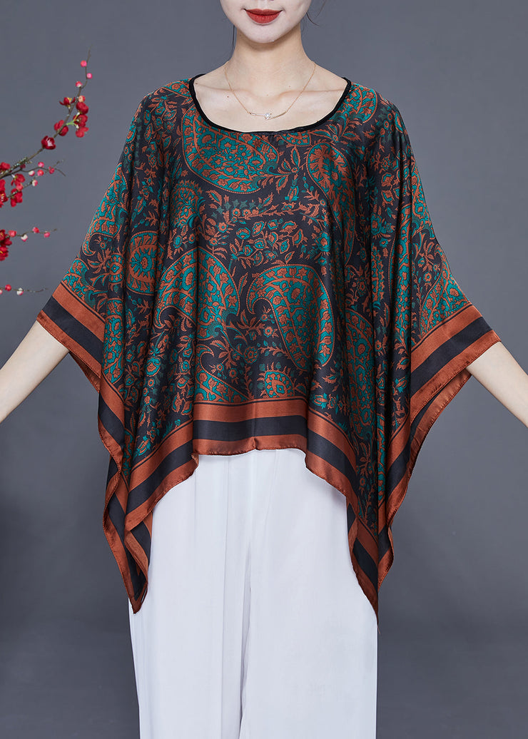 Elegant Black O-Neck Print Silk Shawl