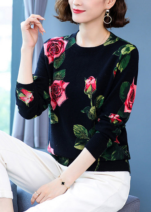 Elegant Black O Neck Print Woolen Knit Pullover Spring