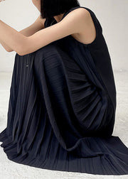 Elegant Black O-Neck Wrinkled Chiffon Long Dress Summer