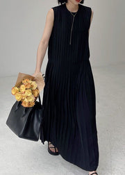 Elegant Black O-Neck Wrinkled Chiffon Long Dress Summer