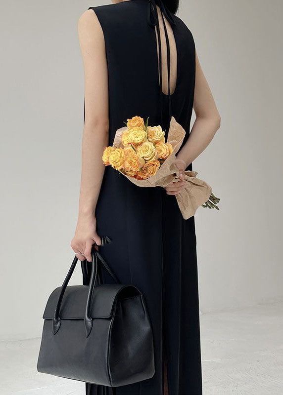 Elegant Black O-Neck Wrinkled Chiffon Long Dress Summer