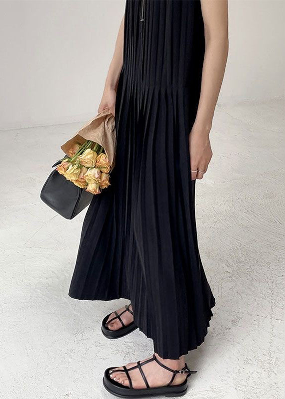 Elegant Black O-Neck Wrinkled Chiffon Long Dress Summer