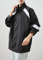 Elegant Black Oversized Patchwork Spandex Sweatshirt Jackets Winter