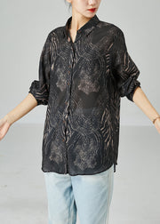 Elegant Black Oversized Print Chiffon Blouse Tops Summer