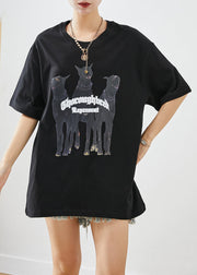 Elegant Black Oversized Print Cotton Tops Summer