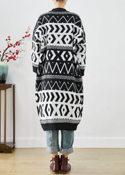 Elegant Black Oversized Print Knit Long Cardigans Fall