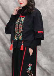 Elegant Black Peter Pan Collar Embroideried Floral Coats Long Sleeve