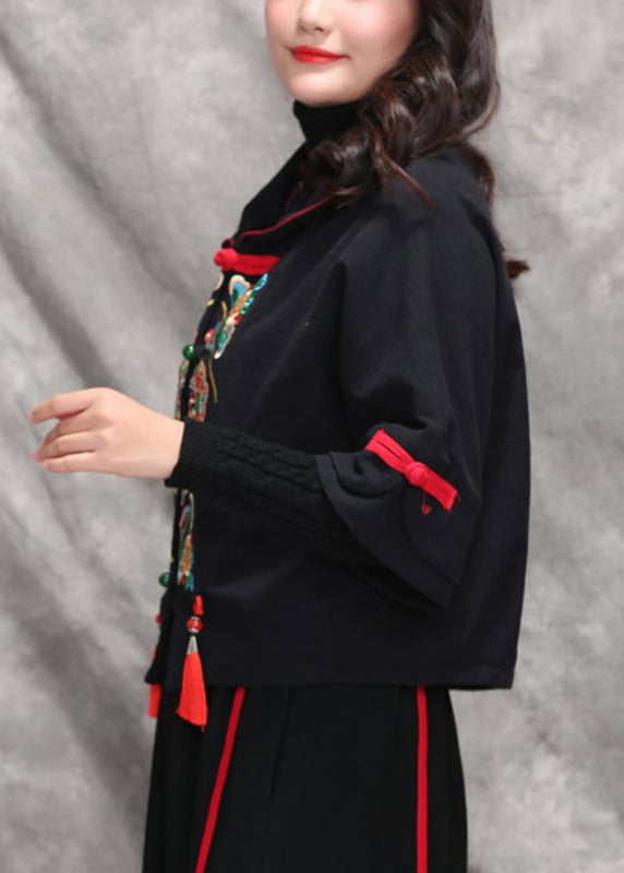 Elegant Black Peter Pan Collar Embroideried Floral Coats Long Sleeve