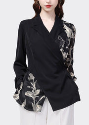 Elegant Black Peter Pan Collar Patchwork Print Chiffon Shirt Top Spring