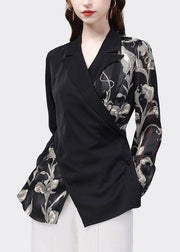 Elegant Black Peter Pan Collar Patchwork Print Chiffon Shirt Top Spring