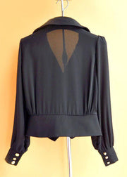 Elegant Black Peter Pan Collar Patchwork Wrinkled Chiffon Shirt Tops Long Sleeve