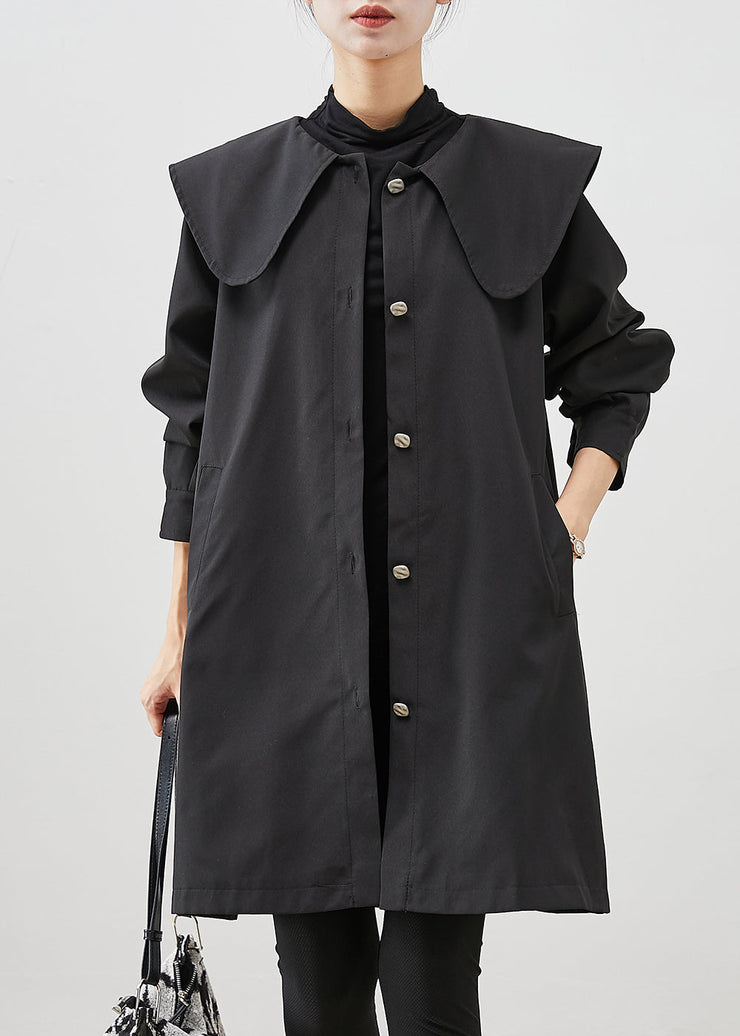 Elegant Black Peter Pan Collar Pockets Cotton Coat Outwear Fall