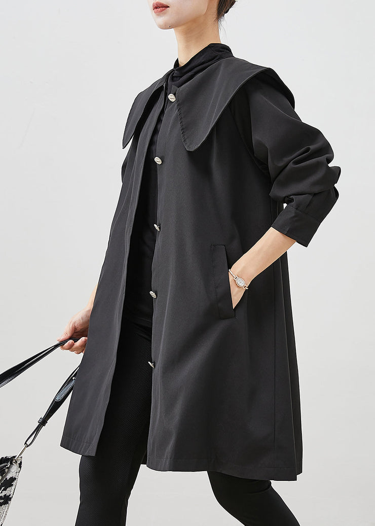 Elegant Black Peter Pan Collar Pockets Cotton Coat Outwear Fall