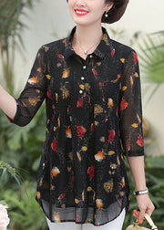 Elegant Black Peter Pan Collar Print Patchwork Silk Shirts Top Summer