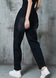 Elegant Black Pockets Warm Fleece Denim Pants Spring