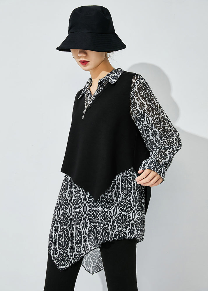 Elegant Black Print Asymmetrical Design Chiffon Two Piece Set Women Clothing Spring