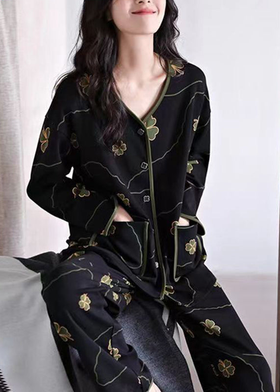 Elegant Black Print Button Cotton Two Pieces Set Long Sleeve