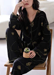 Elegant Black Print Button Cotton Two Pieces Set Long Sleeve