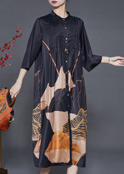 Elegant Black Print Wrinkled Silk Shirt Dress Summer