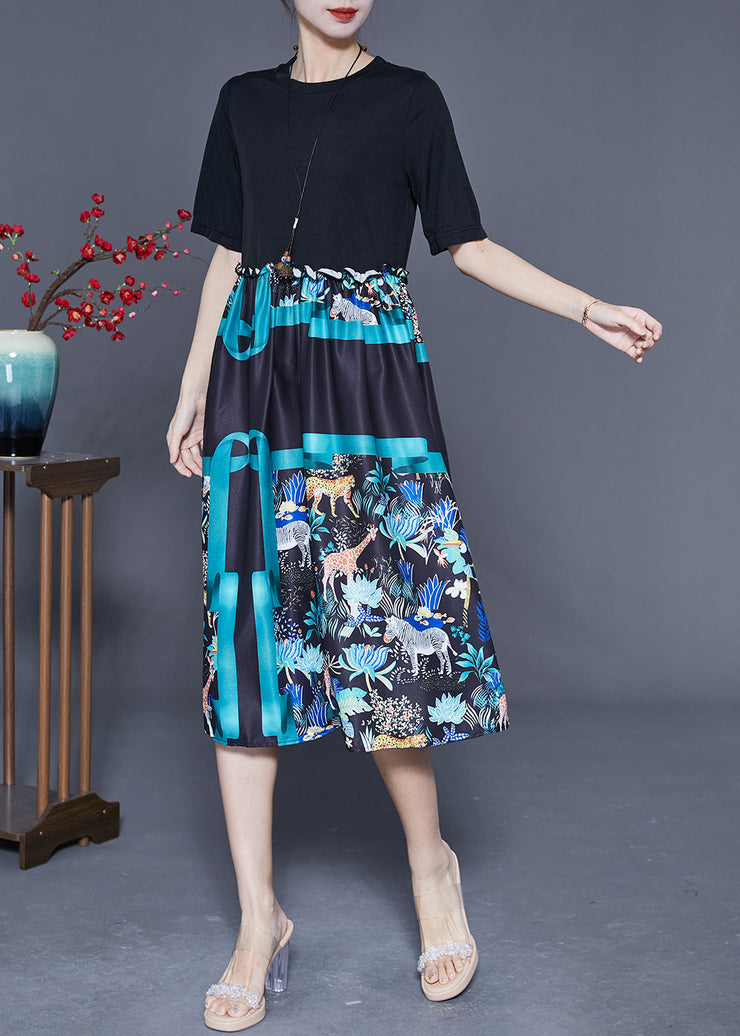 Elegant Black Ruffled Patchwork Print Cotton Dress Summer