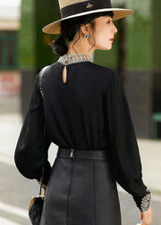 Elegant Black Stand Collar Embroideried Hollow Out Chiffon Blouse Tops Long Sleeve