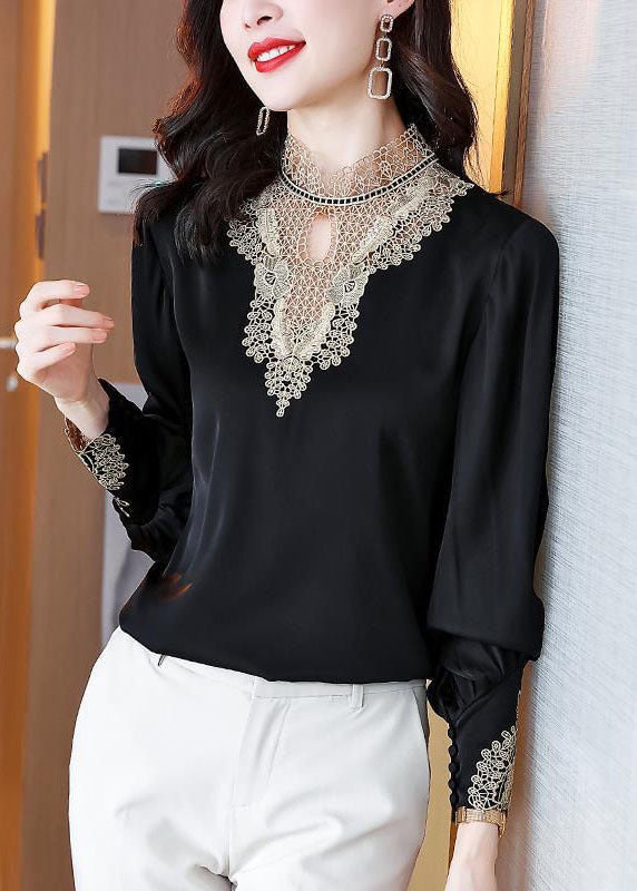 Elegant Black Stand Collar Embroideried Patchwork Chiffon Blouse Top Long Sleeve