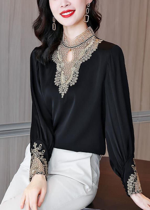 Elegant Black Stand Collar Embroideried Patchwork Chiffon Blouse Top Long Sleeve