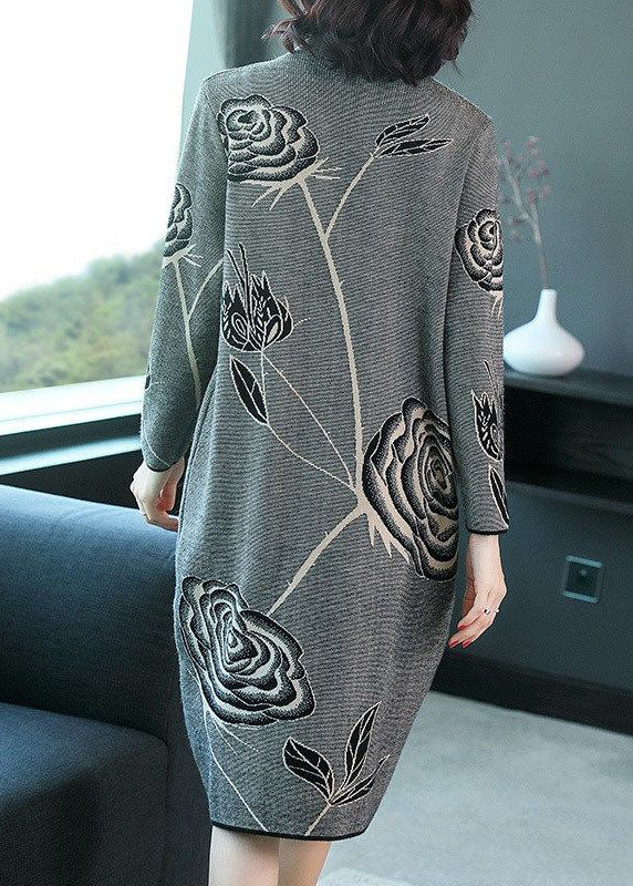 Elegant Black Stand Collar Print Knit Sweater Dress Winter