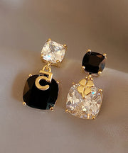 Elegant Black Sterling Silver Asymmetric Zircon Crystal Drop Earrings